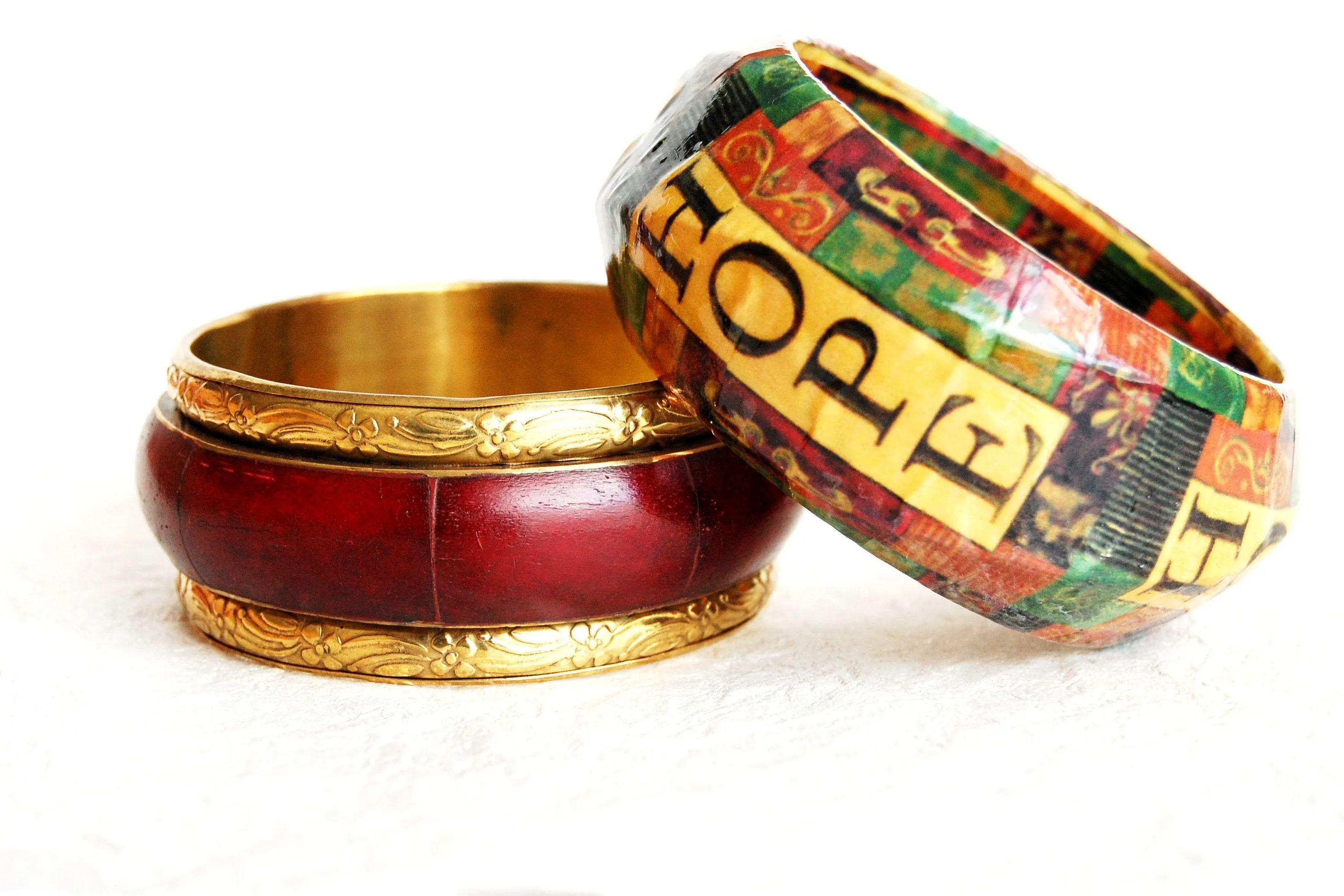 Cream Burgundy Brown Bone & Solid Brass Stacking Bangle Bracelet Boho Style, ZL031711