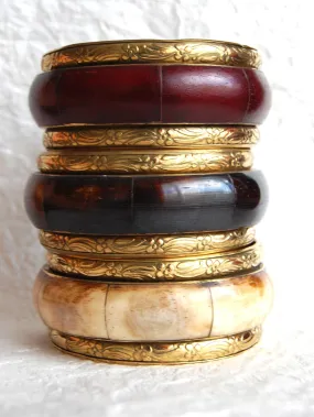 Cream Burgundy Brown Bone & Solid Brass Stacking Bangle Bracelet Boho Style, ZL031711