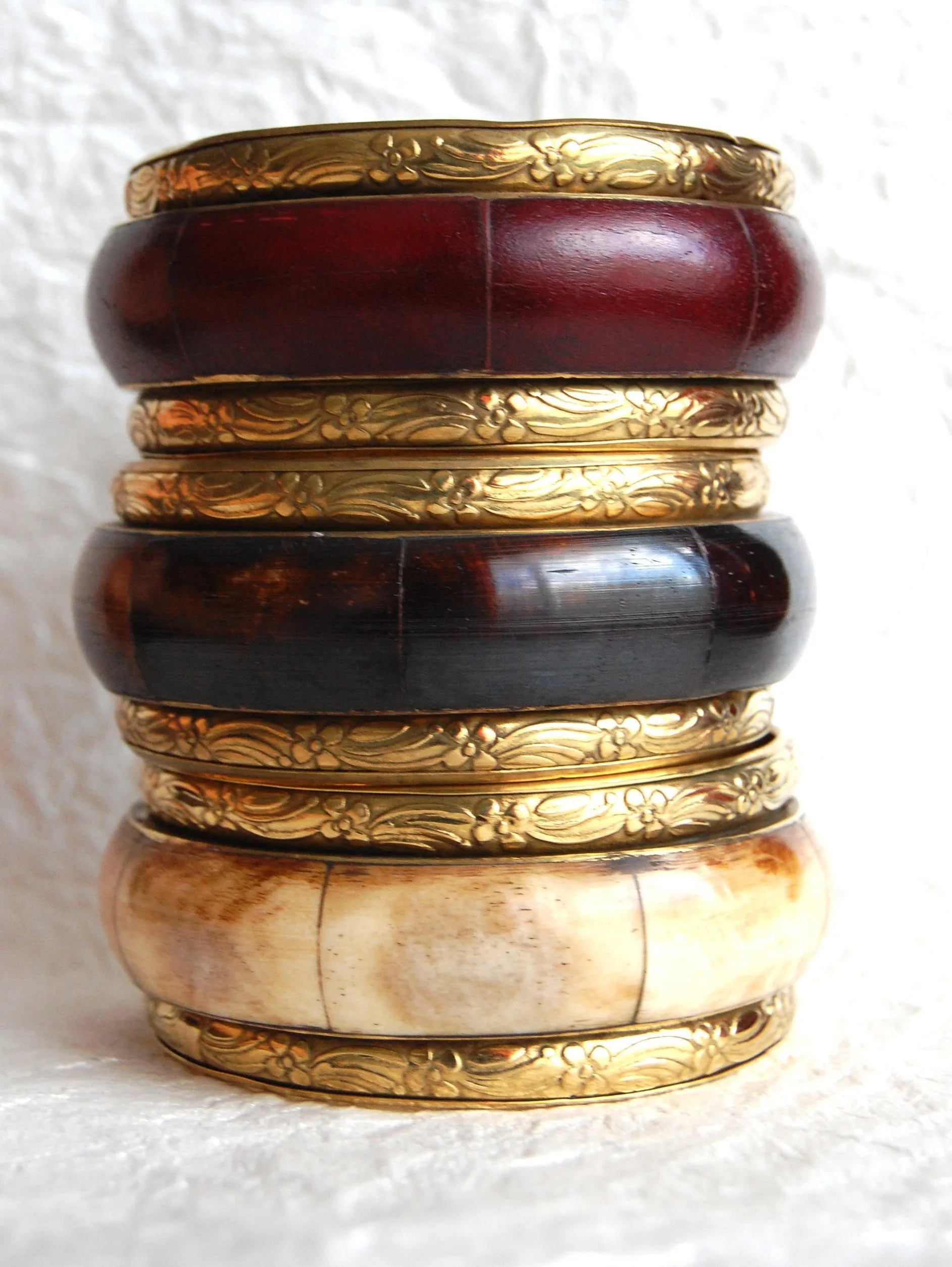 Cream Burgundy Brown Bone & Solid Brass Stacking Bangle Bracelet Boho Style, ZL031711