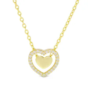 CZ Halo and Gold Heart Necklace in 18k Gold over Sterling Silver