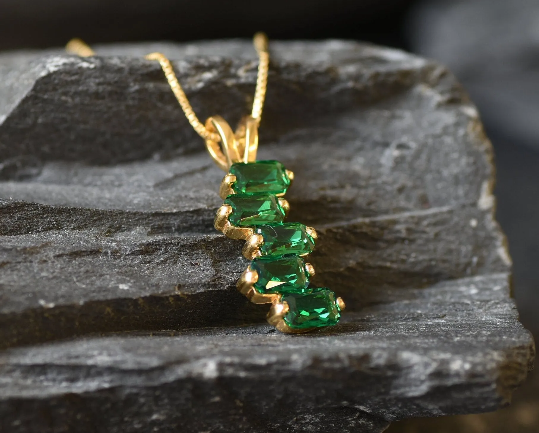 Emerald Baguette Pendant - Gold Emerald Necklace, Gold Emerald Pendant