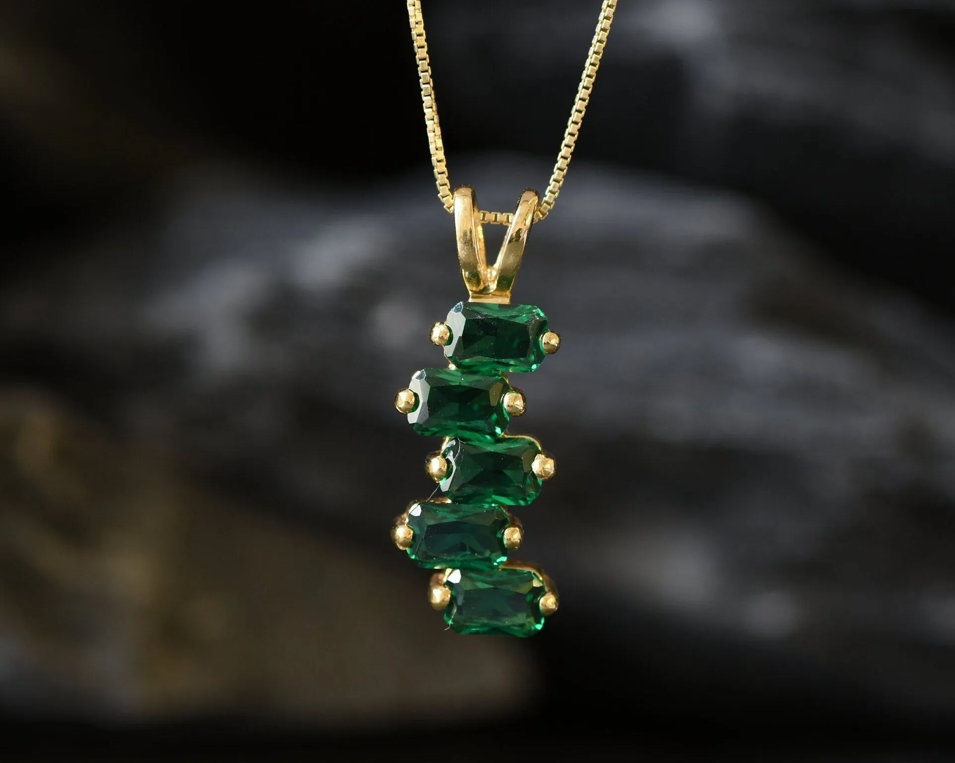 Emerald Baguette Pendant - Gold Emerald Necklace, Gold Emerald Pendant
