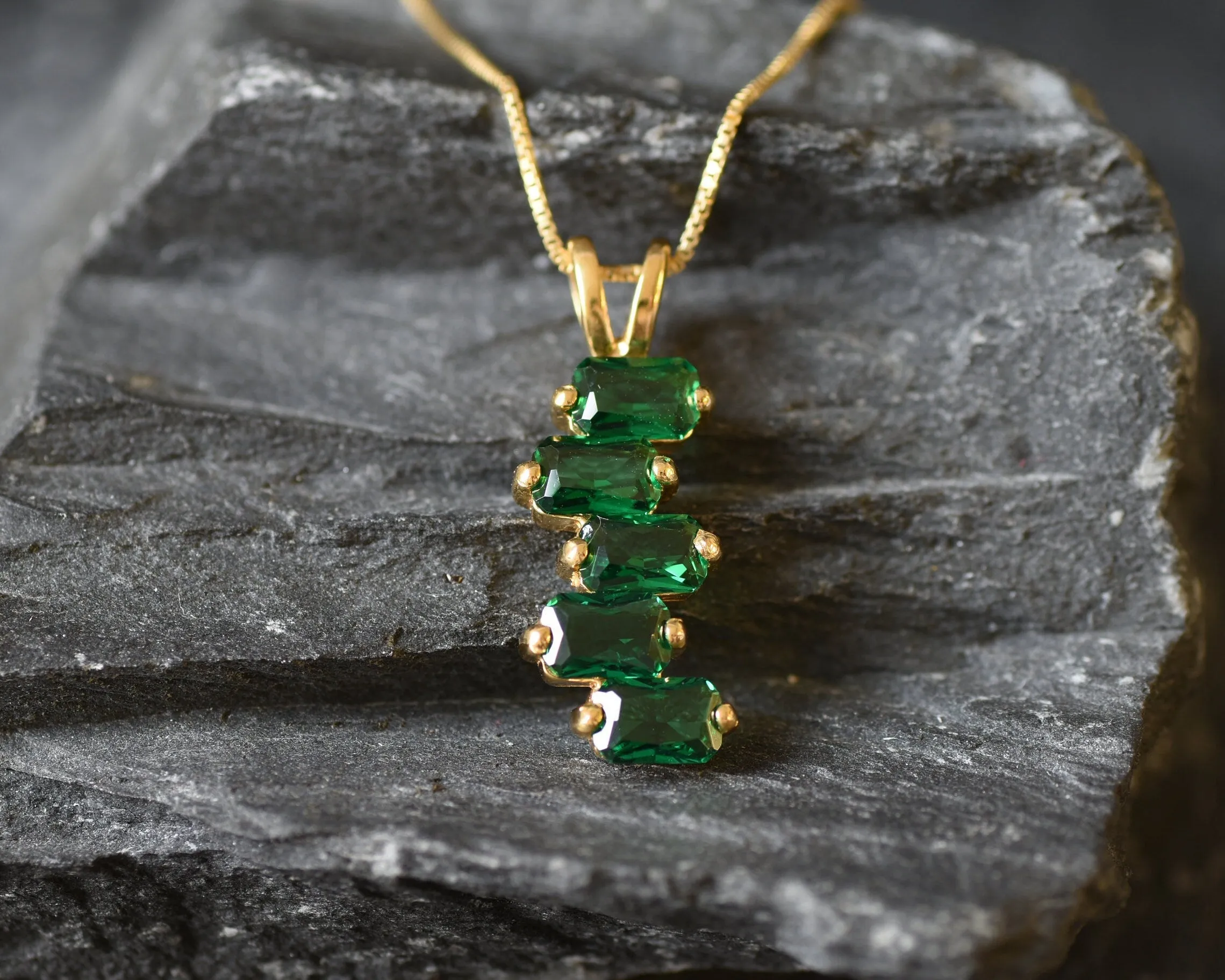 Emerald Baguette Pendant - Gold Emerald Necklace, Gold Emerald Pendant