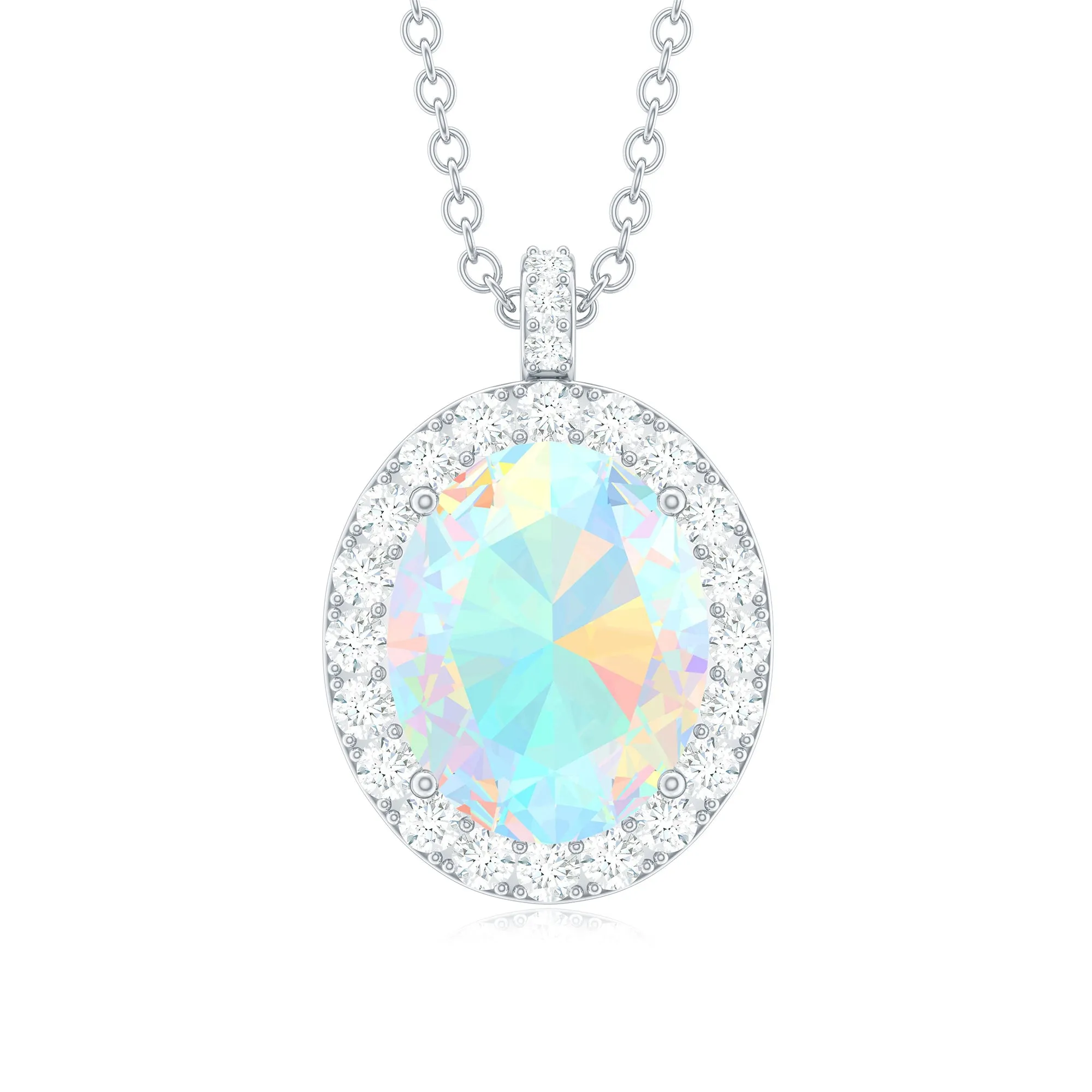 Ethiopian Opal and Diamond Halo Pendant Necklace