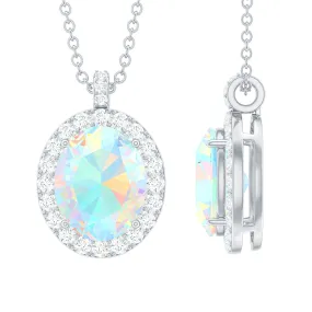 Ethiopian Opal and Diamond Halo Pendant Necklace