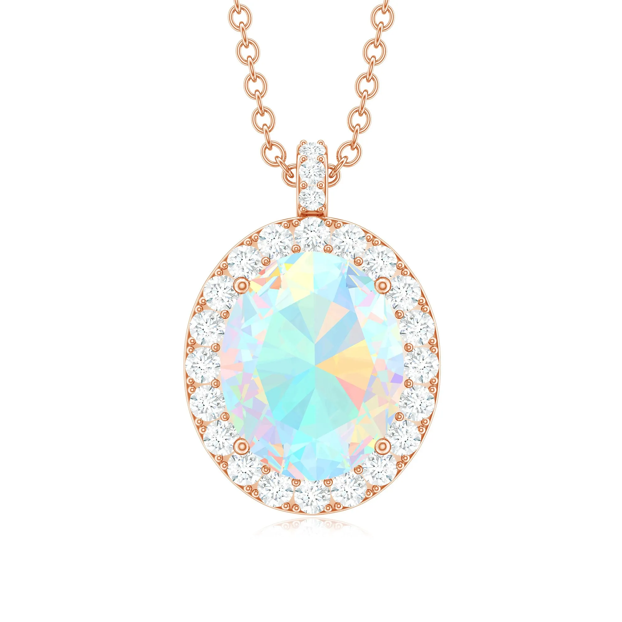 Ethiopian Opal and Diamond Halo Pendant Necklace