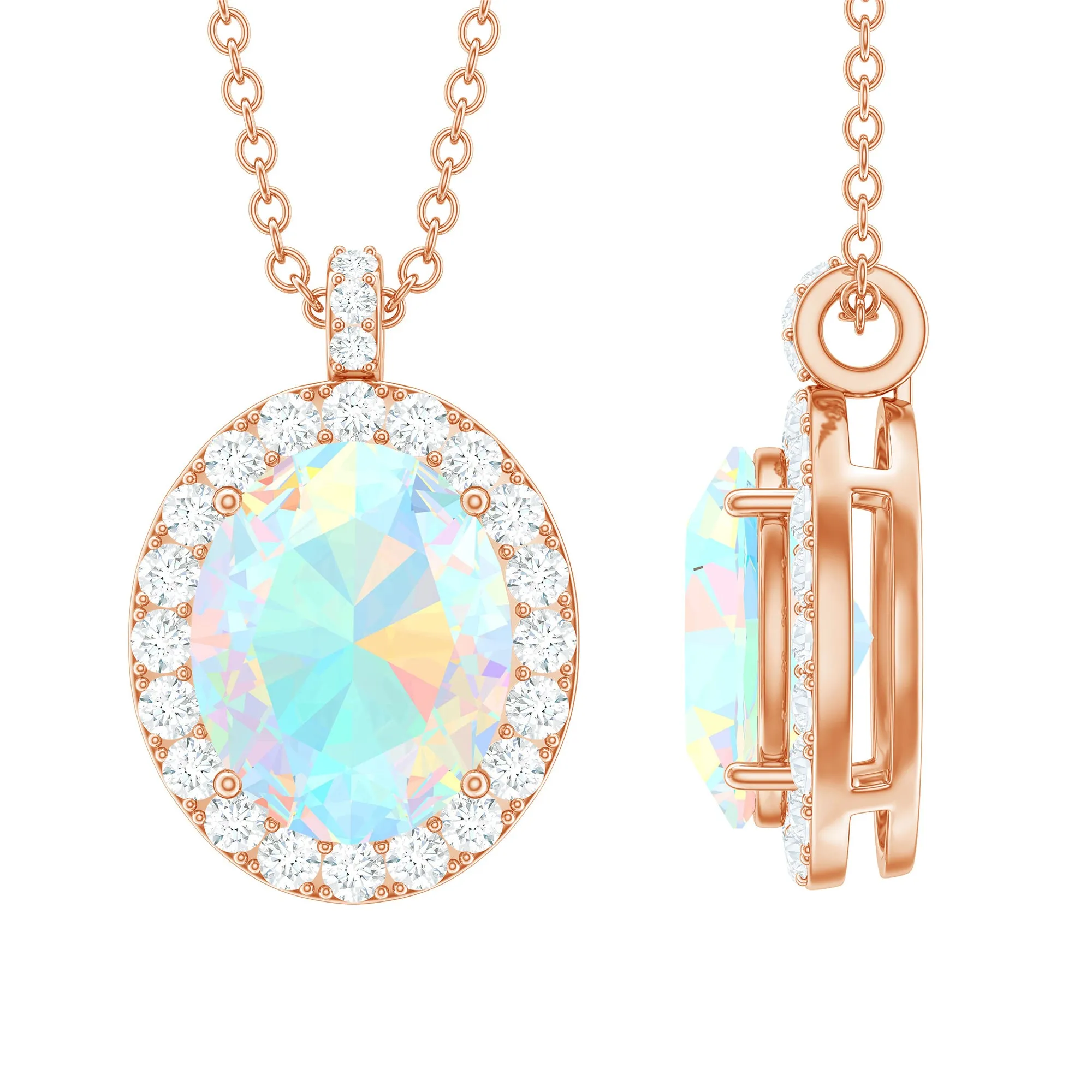 Ethiopian Opal and Diamond Halo Pendant Necklace