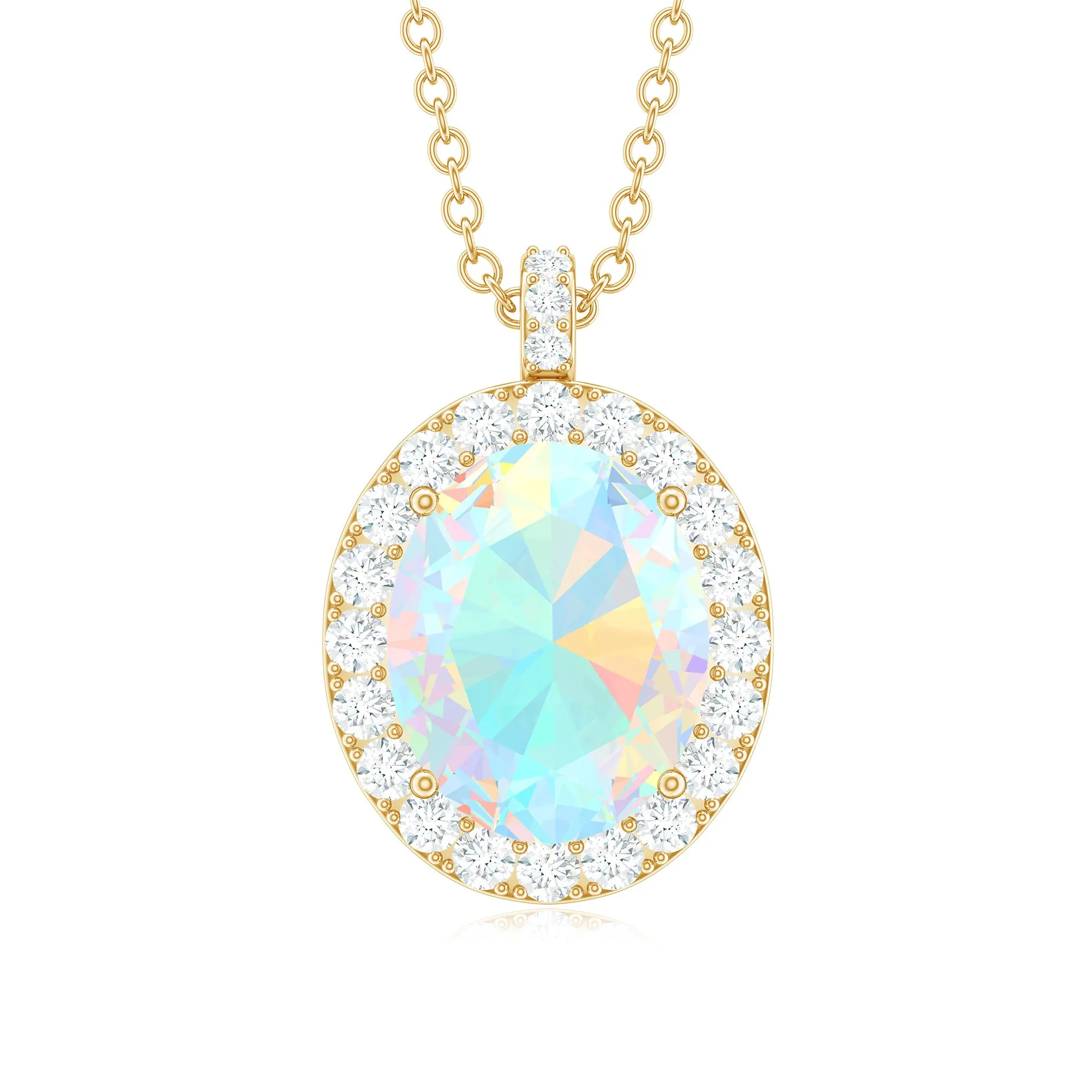 Ethiopian Opal and Diamond Halo Pendant Necklace