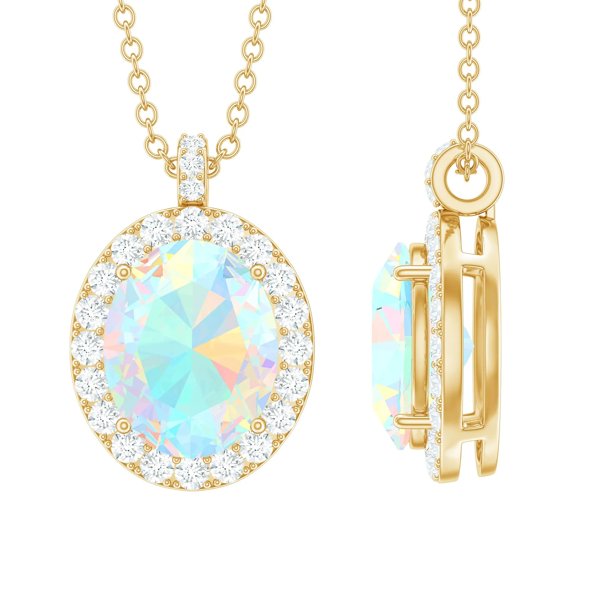 Ethiopian Opal and Diamond Halo Pendant Necklace