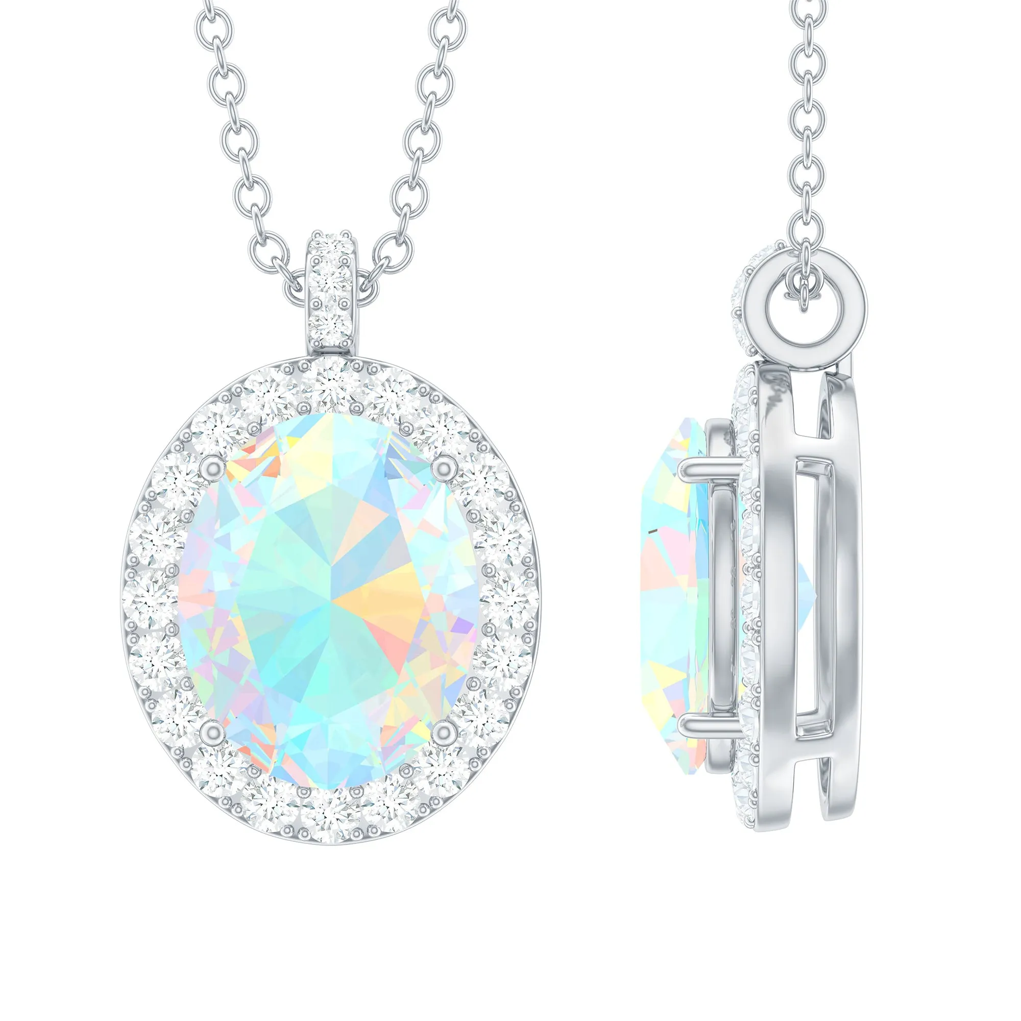 Ethiopian Opal and Diamond Halo Pendant Necklace