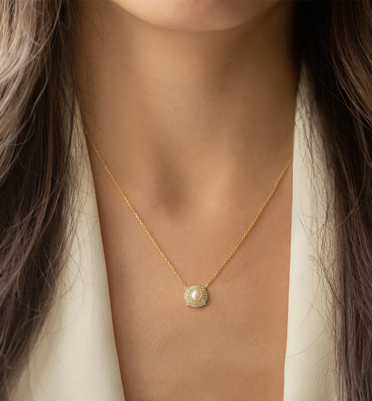 Freshwater Pearl CZ Halo Necklace
