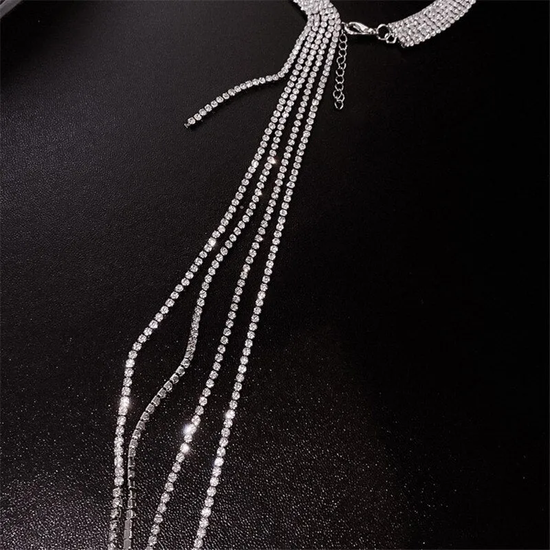 Full Rhinestones Choker Necklaces for Women Long Tassel Crystal Necklaces