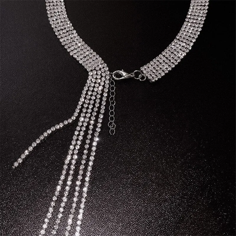 Full Rhinestones Choker Necklaces for Women Long Tassel Crystal Necklaces