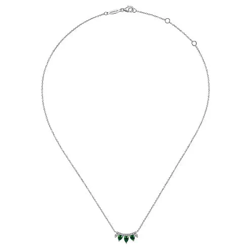 Gabriel & Co | 14K White Gold Pear Shaped Emerald and Diamond Bar Pendant Necklace