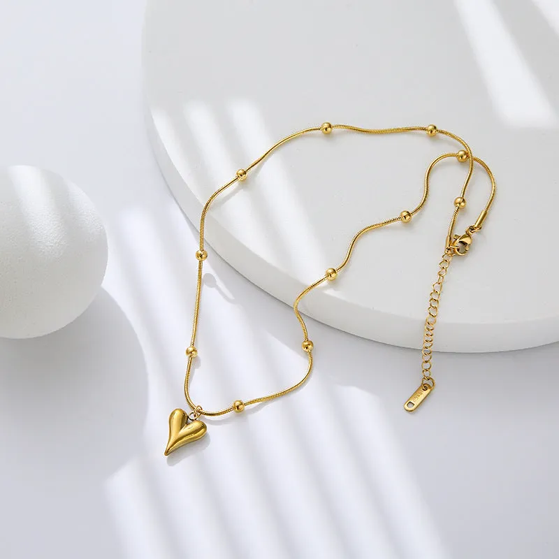 Gold-Plated Heart Pendant Necklace with Beaded Chain – Minimalist Elegant Jewelry-jltn0537