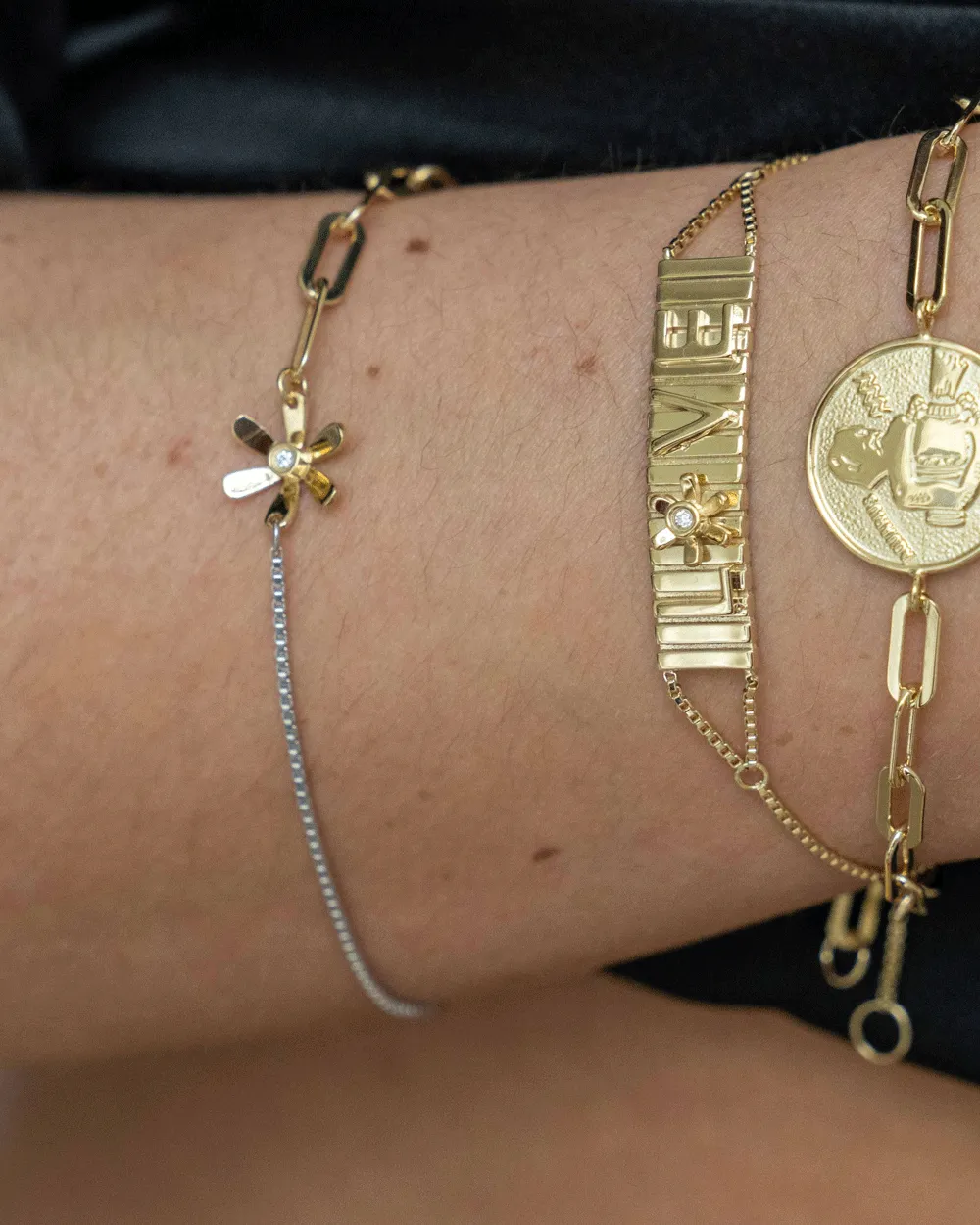 Gold Vermeil Miller Two Tone Half Paperclip Half Thin Chain Daisy Charm Bracelet