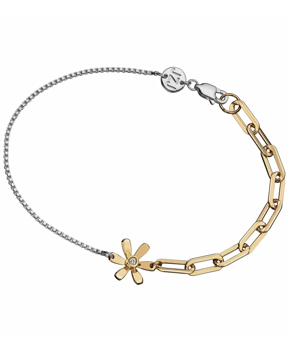 Gold Vermeil Miller Two Tone Half Paperclip Half Thin Chain Daisy Charm Bracelet