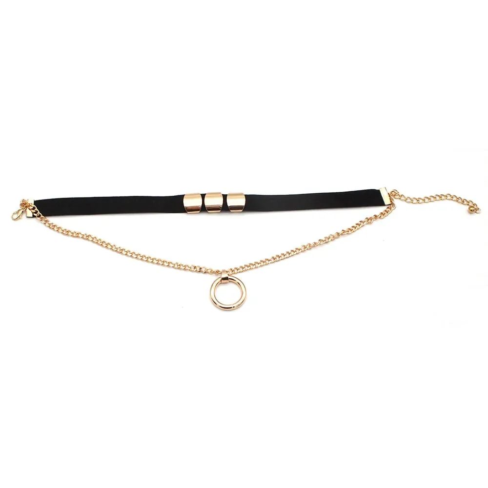 Golden Color Round Pendant Black Rope Cord Necklace