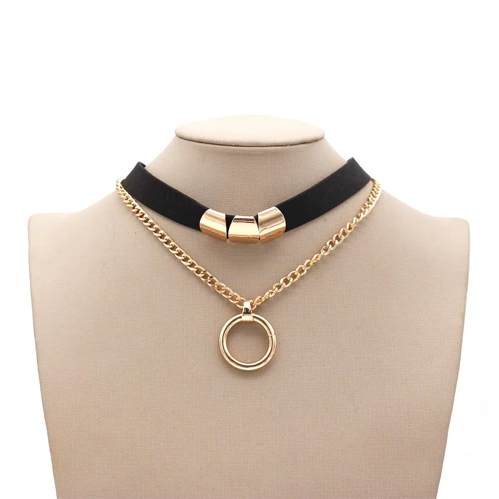 Golden Color Round Pendant Black Rope Cord Necklace