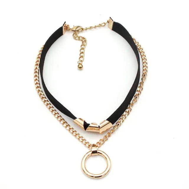 Golden Color Round Pendant Black Rope Cord Necklace