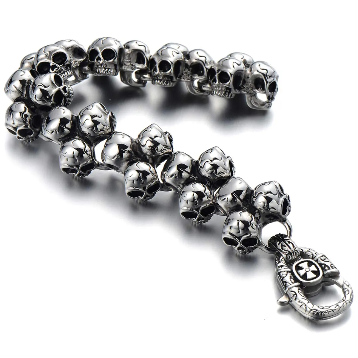 Gothic Punk Large Stainless Steel Triple Skulls Bracelet for Men, Silver Color, Polished Finish, Ideal for Adding Edge to Casual Outfits or Themed Events