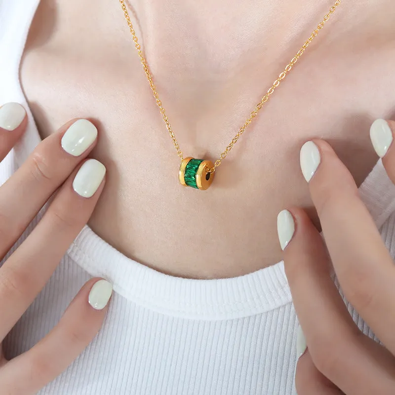 Green Zircon Vintage Titanium Steel Pendant Gold Plated Choker Necklace