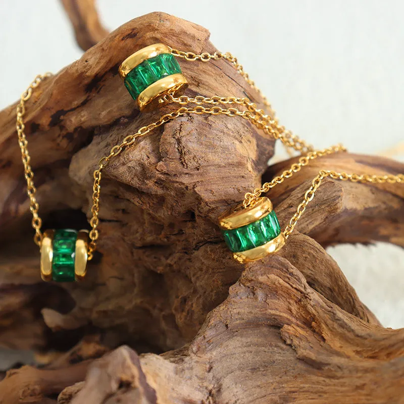 Green Zircon Vintage Titanium Steel Pendant Gold Plated Choker Necklace
