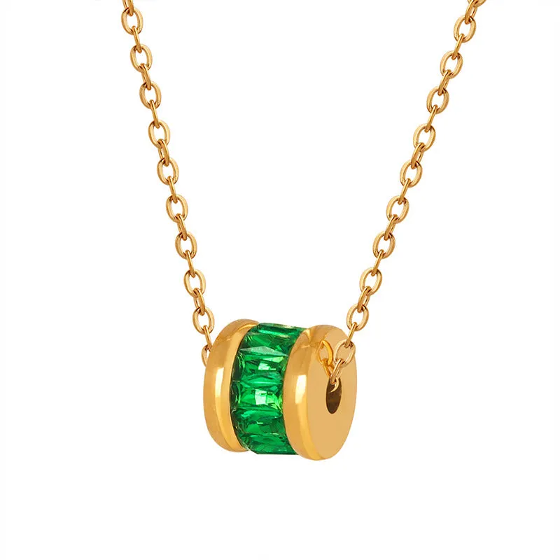 Green Zircon Vintage Titanium Steel Pendant Gold Plated Choker Necklace