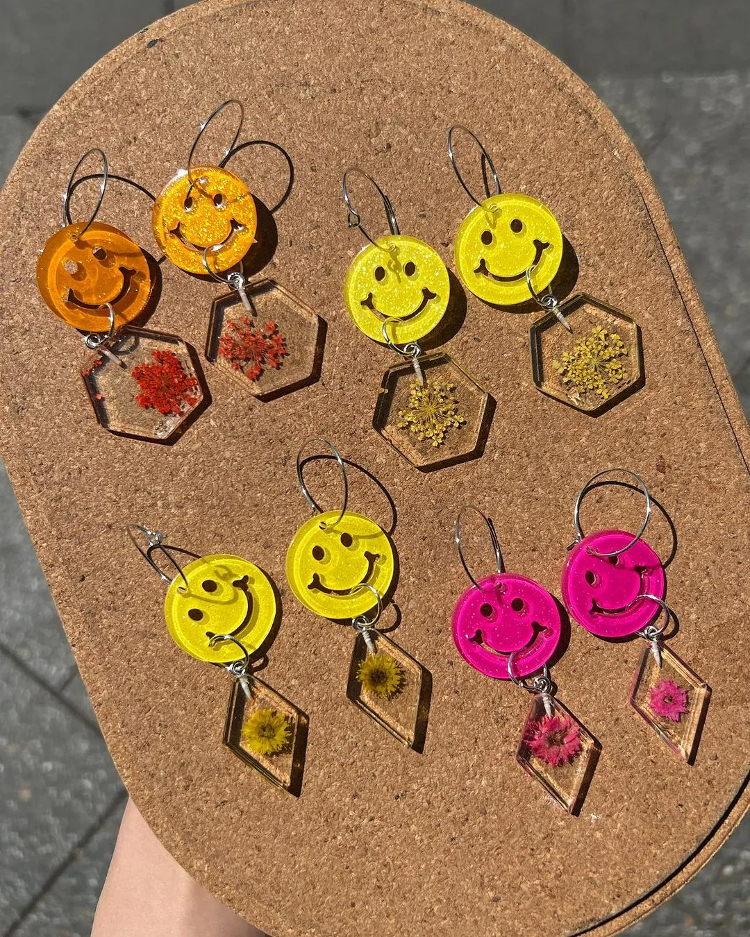 Handmade Smiley Face Earring with Resin Flowers