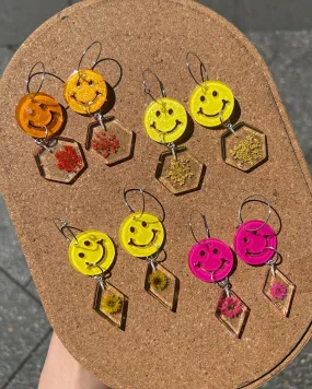 Handmade Smiley Face Earring with Resin Flowers
