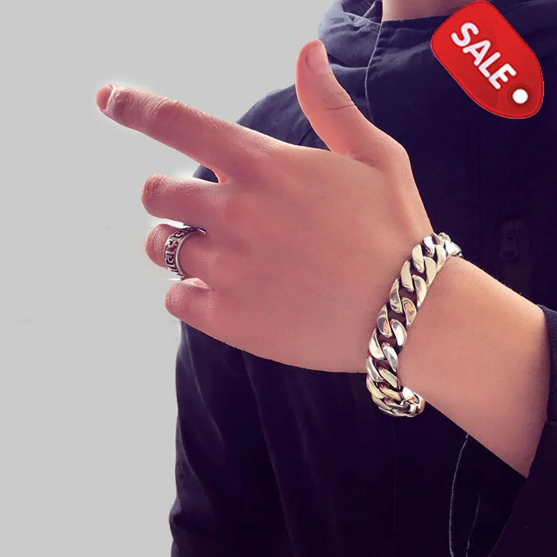 High Polished Heavy Curb Link Chain 925 Sterling Silver Vintage Biker Bracelet