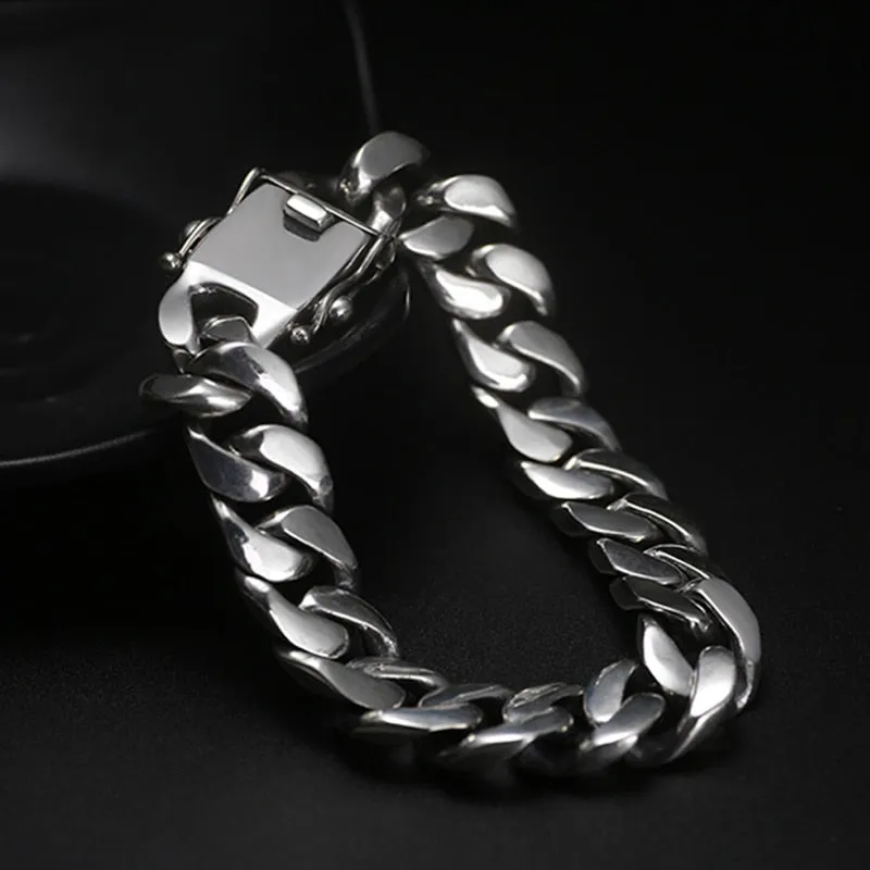 High Polished Heavy Curb Link Chain 925 Sterling Silver Vintage Biker Bracelet