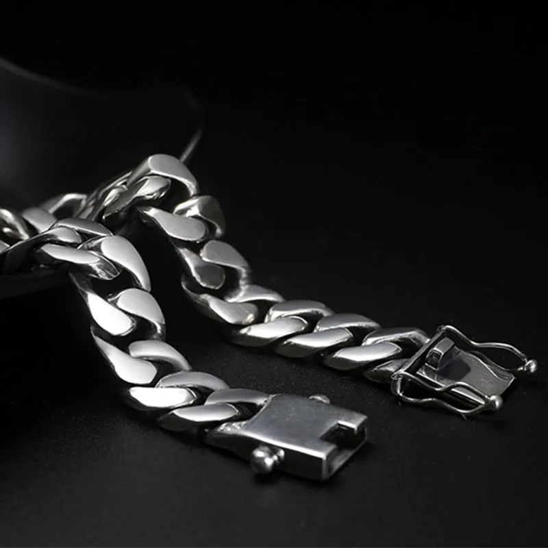 High Polished Heavy Curb Link Chain 925 Sterling Silver Vintage Biker Bracelet