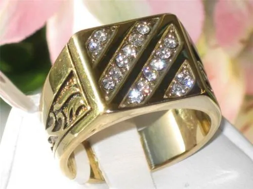 Jewellery Kingdom Mens Cz Square Signet 18kt Steel Signet Pinky Mans Classic Ring (Gold)