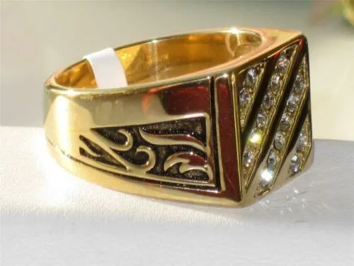 Jewellery Kingdom Mens Cz Square Signet 18kt Steel Signet Pinky Mans Classic Ring (Gold)