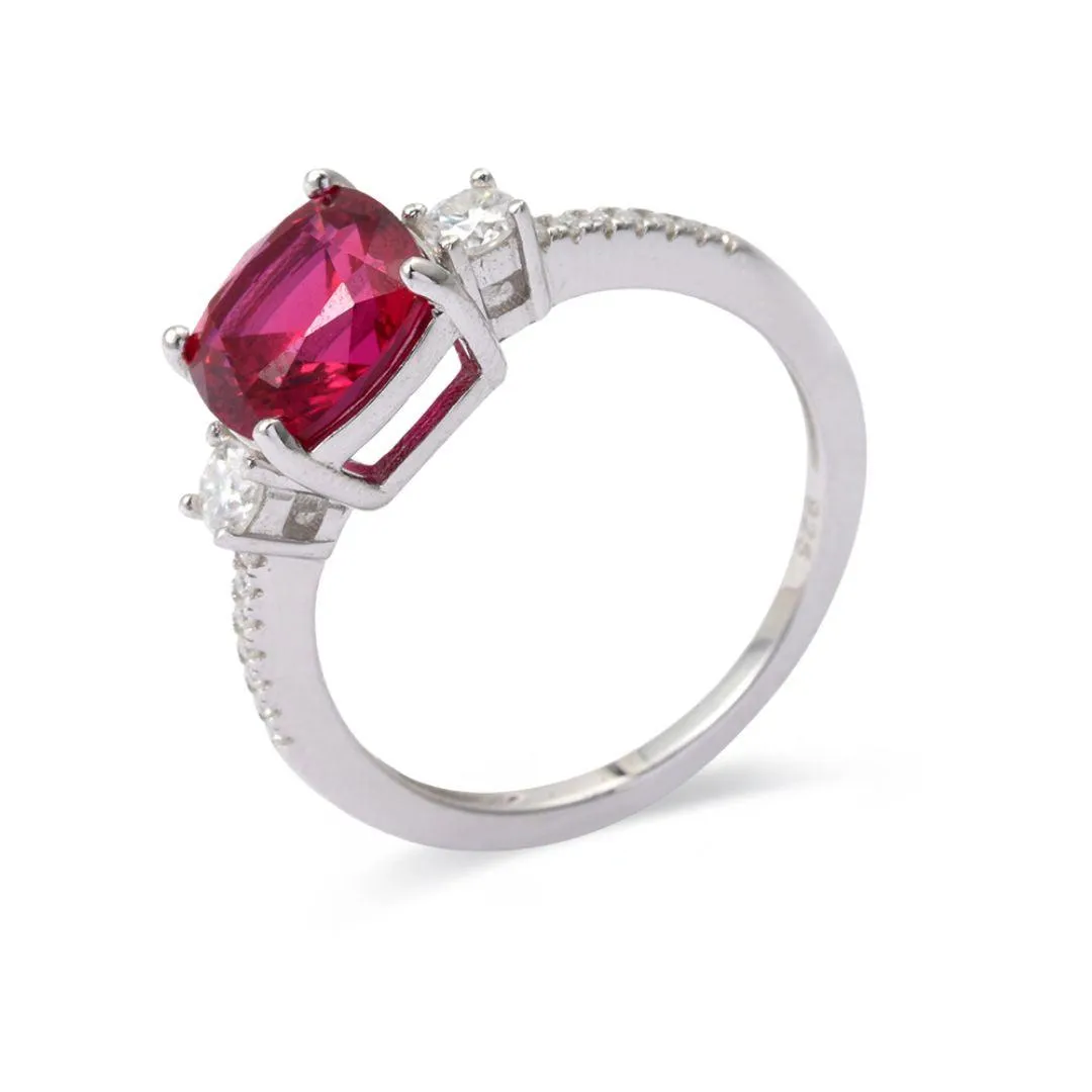Lab Grown Ruby Cushion Three Stone Ring