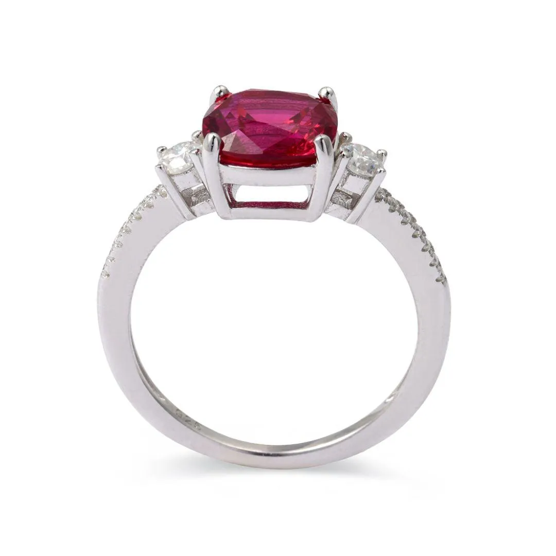 Lab Grown Ruby Cushion Three Stone Ring