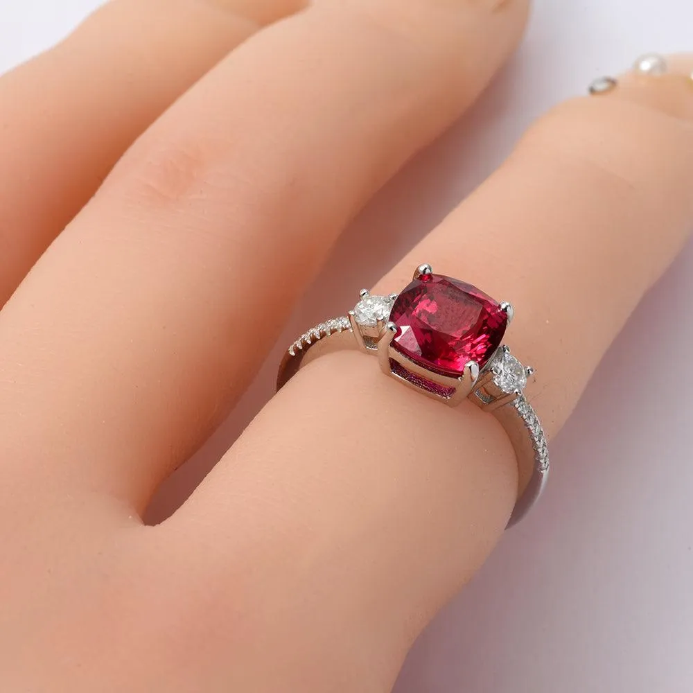 Lab Grown Ruby Cushion Three Stone Ring