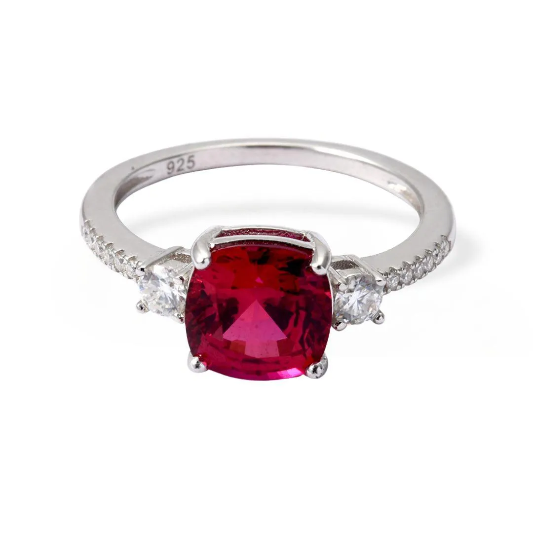 Lab Grown Ruby Cushion Three Stone Ring