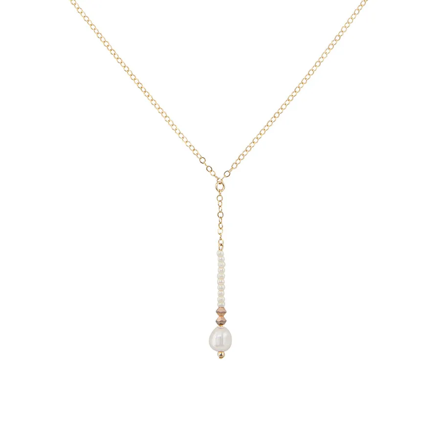 Long Drop Pearl & Crystal Chain Necklace - PEARL