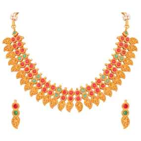 Matt Gold Plated Leaf Shaped Multicolor Traditional Choker Necklace Set
