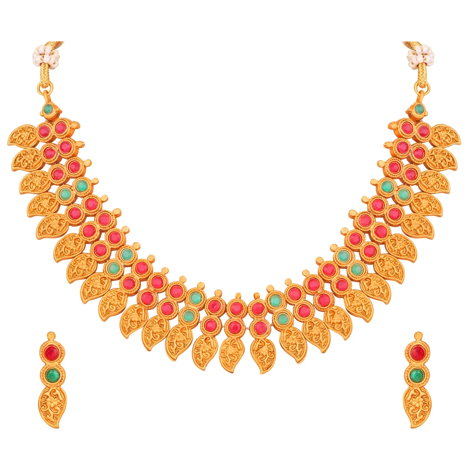 Matt Gold Plated Leaf Shaped Multicolor Traditional Choker Necklace Set