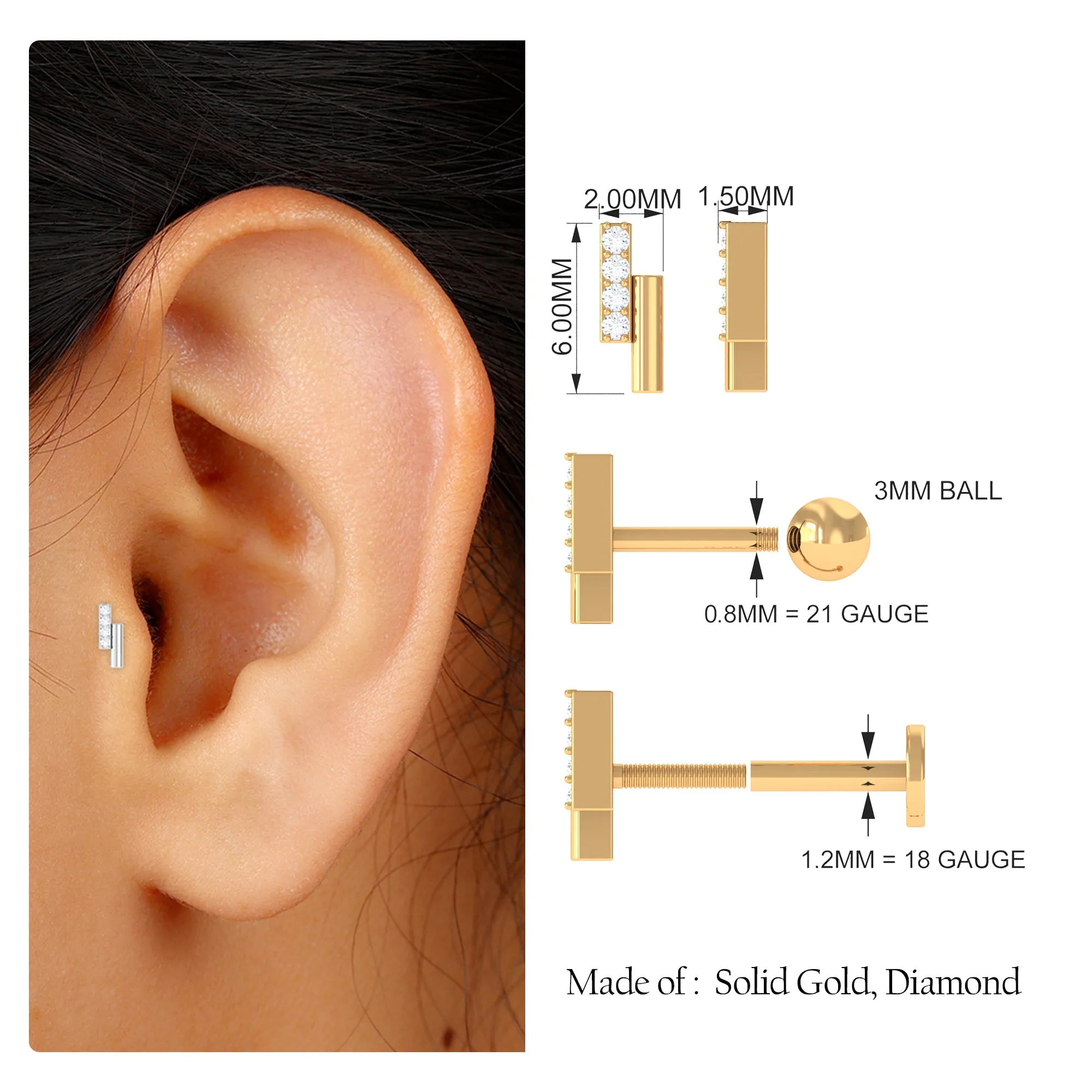 Minimalist Diamond Bar Gold Tragus Earring