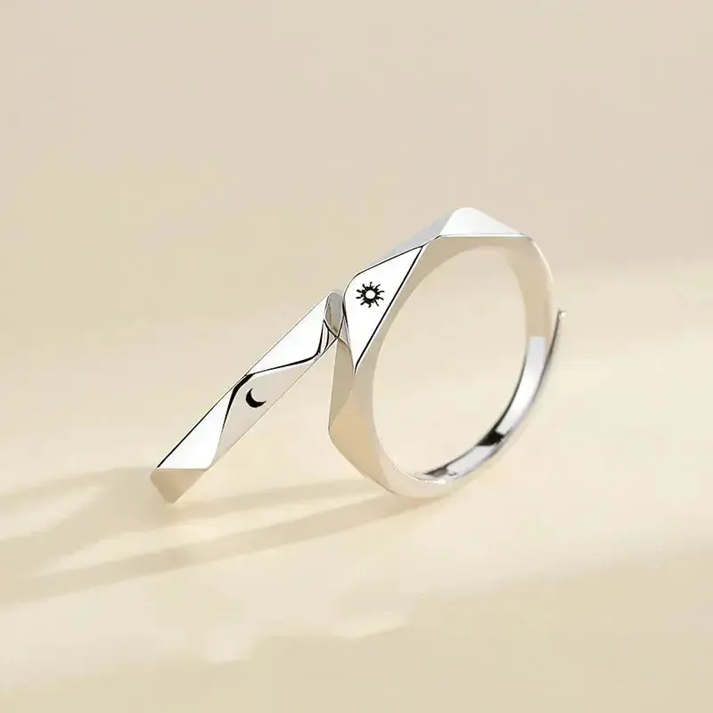 Minimalist Silver Sun Moon Adjustable Ring - Couple Engagement Jewelry