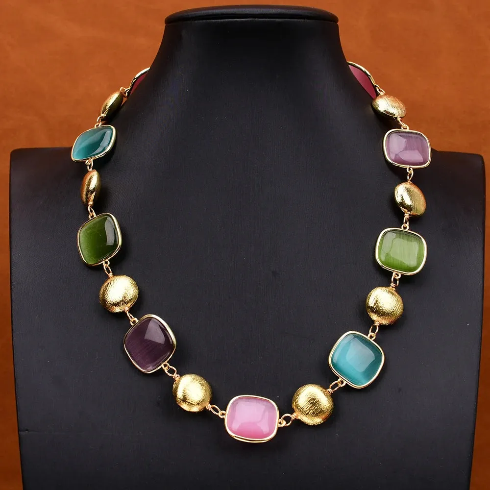 Natural mix  color cat eye square handmade necklace