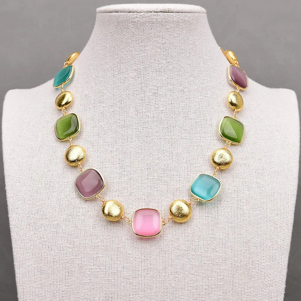 Natural mix  color cat eye square handmade necklace
