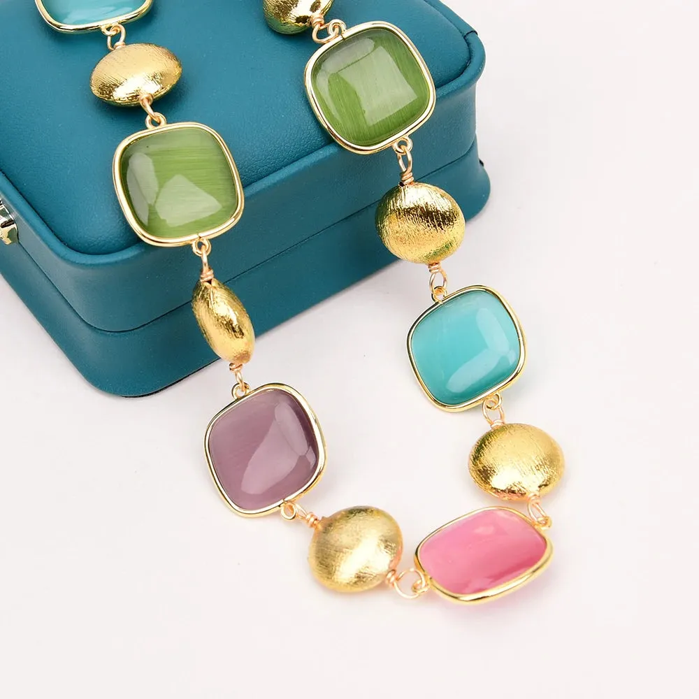 Natural mix  color cat eye square handmade necklace