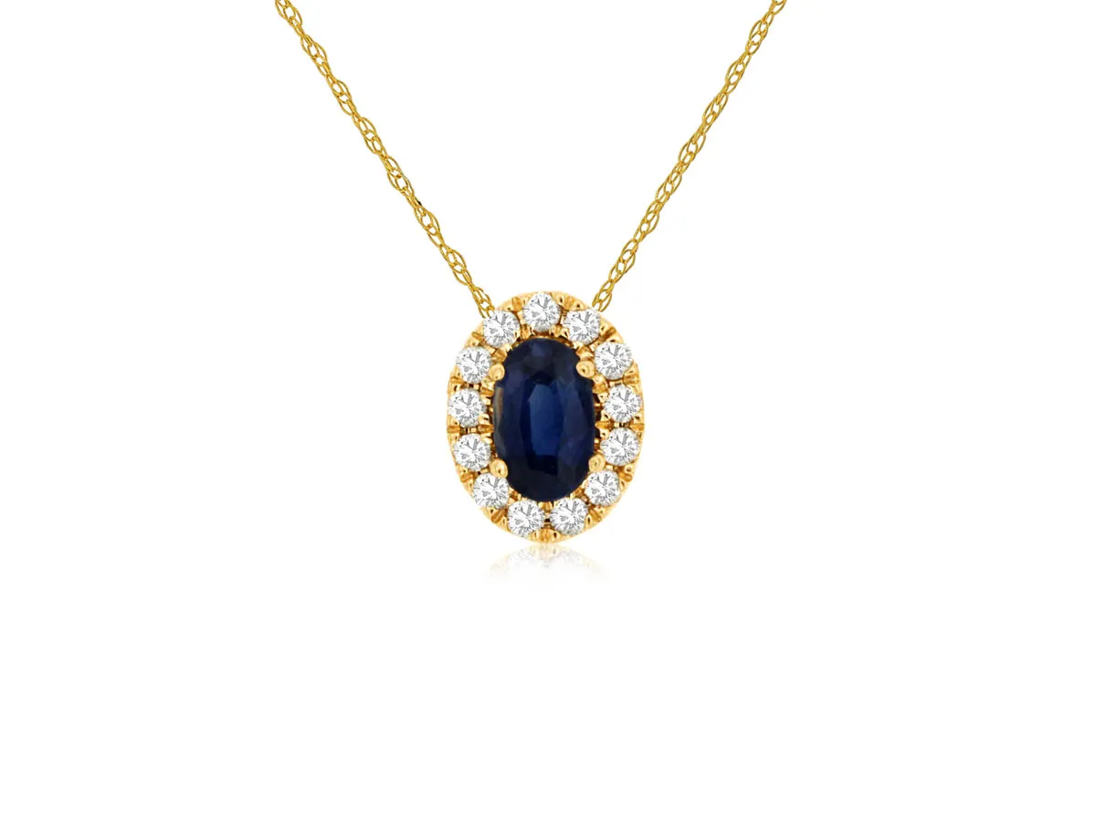Oval Sapphire Diamond Halo Pendant Necklace in 14k Yellow Gold