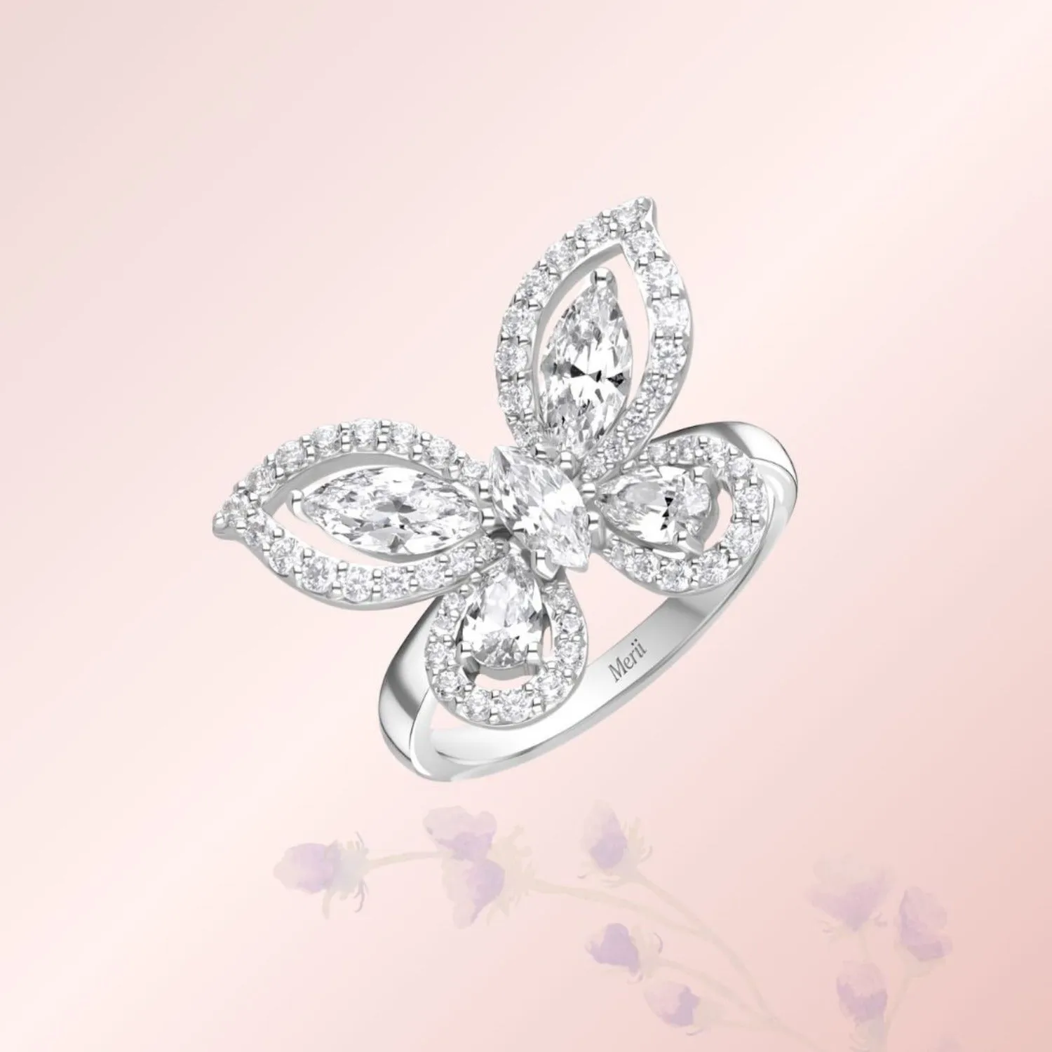 Papillon: Silver rhodium plated with Marquise-cut CZ glasswing butterfly statement ring