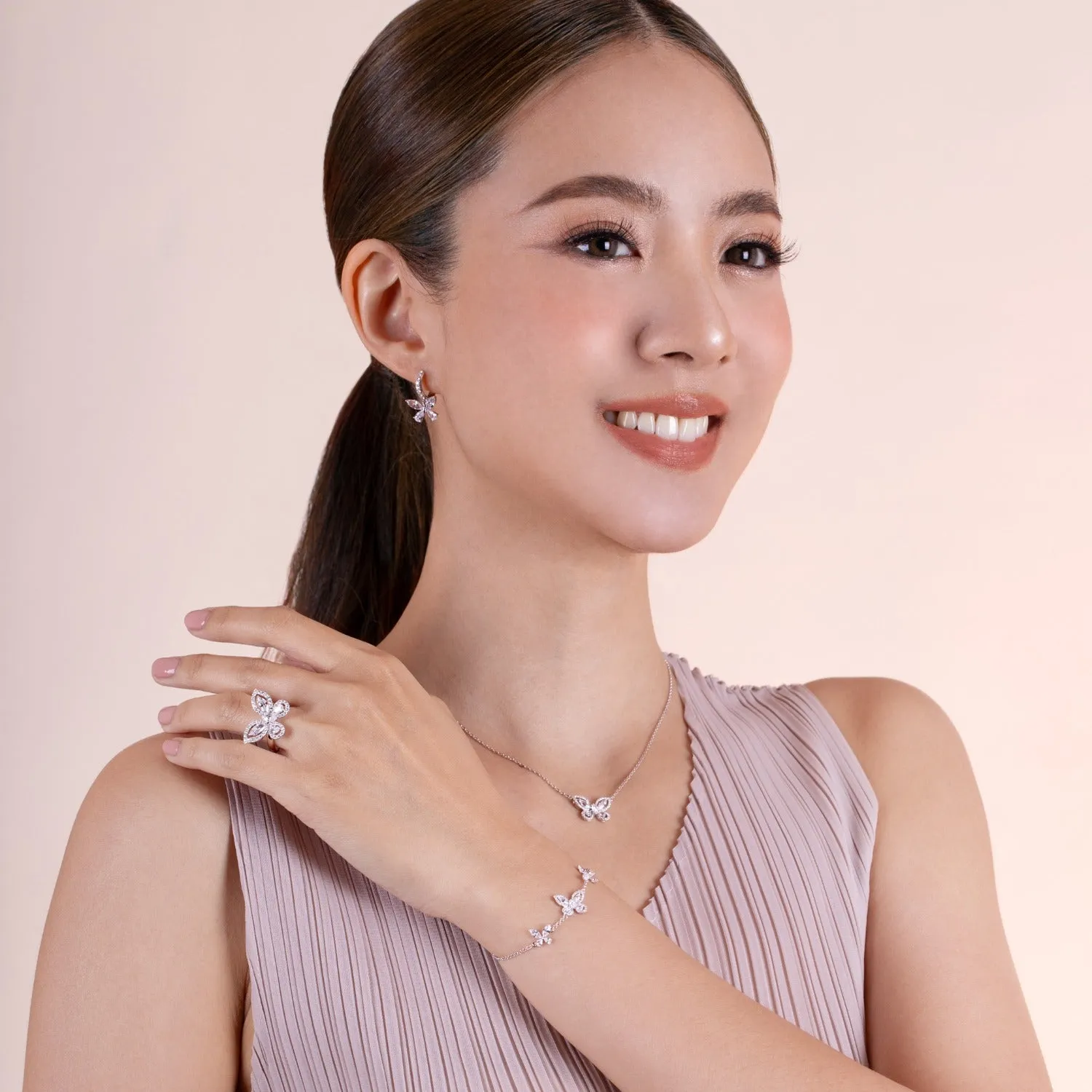 Papillon: Silver rhodium plated with Marquise-cut CZ glasswing butterfly statement ring